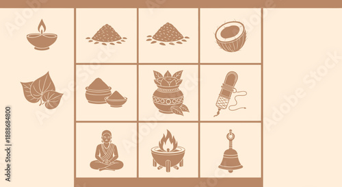 A collection of traditional Hindu ritualistic items and symbols depicted as sepia-toned icons in a grid layout, representing various aspects of Indian culture and worship.