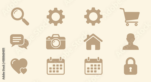 Collection of twelve simple beige and brown monochromatic web and app icons, featuring search, settings, shopping, chat, camera, home, user, likes, calendar, and security symbols.