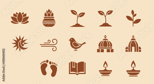 A collection of spiritual and natural icons including lotus, kalash, saplings, sun, moon, bird, temples, footprints, book, and diyas on a light background.
