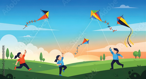 Happy children enjoying a beautiful day flying colorful kites over rolling green hills.