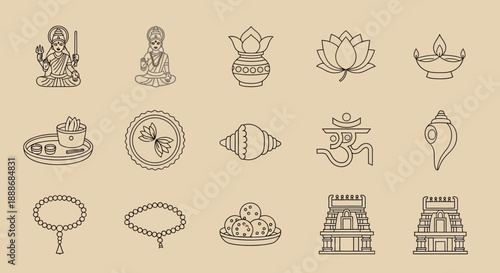 A collection of Hindu religious and cultural line art icons including deities, symbols, offerings, and temple architecture.