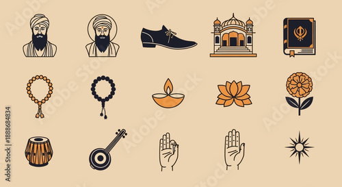 A collection of Sikh and Indian cultural and religious icons including Gurus, Gurdwara, holy book, prayer beads, diya, lotus, tabla, and spiritual symbols.