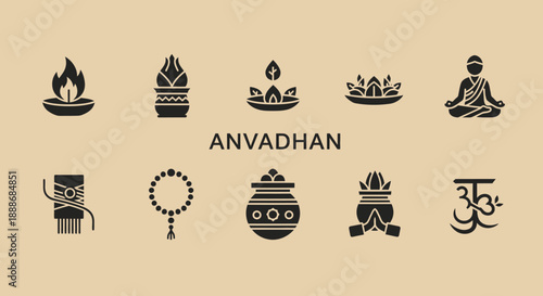 Anvadhan Hindu ritual symbols vector illustration set with traditional religious elements like diya, kalash, lotus, meditation, mala, and Om sign.