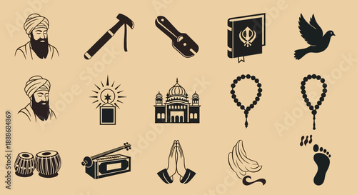 A collection of black and white icons representing Sikh culture, religious symbols, traditional objects, and daily life elements on a beige background.