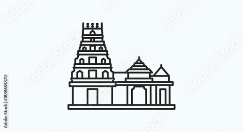 Line art illustration of a traditional South Indian Hindu temple with a tall gopuram and intricate architectural details.