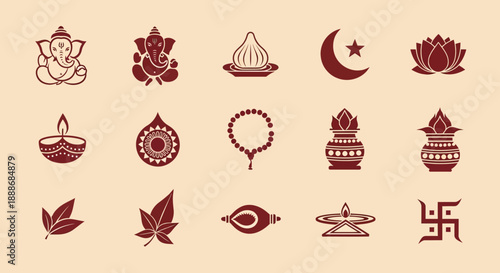 A collection of traditional religious and cultural symbols and icons, primarily from Hinduism and Islam, depicted in a minimalist brown and beige style.