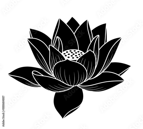 Stylized black and white illustration of a blooming lotus flower with intricate petal details.