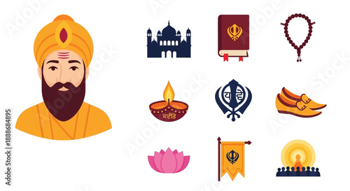 A collection of Sikhism-related icons featuring a bearded man in a turban, a temple, holy book, prayer beads, lamp, Khanda symbol, traditional shoes, lotus, flag, and meditating figures.