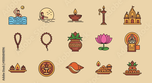A collection of colorful flat line icons representing various elements of Indian culture, traditions, and religious practices.
