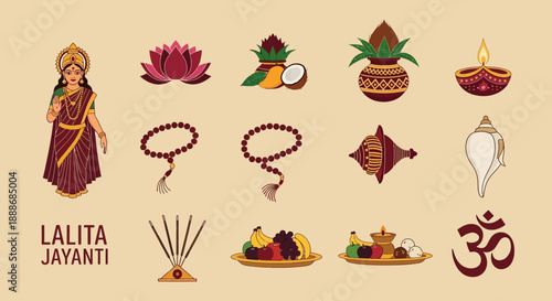Vector illustration of Lalita Jayanti festival elements including goddess, lotus, kalash, diya, prayer beads, offerings, and Om symbol.
