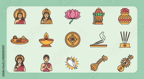 A collection of colorful flat design icons representing Hindu deities, religious symbols, and cultural elements like lotus, diya, kalash, and musical instruments.