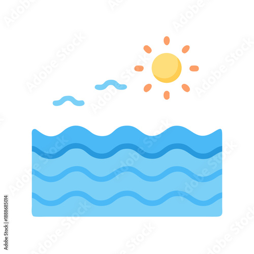 Stylized sunny ocean scene with waves and White Background