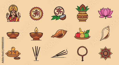 A collection of colorful Hindu religious and cultural icons including deities, symbols, offerings, and ritual items.