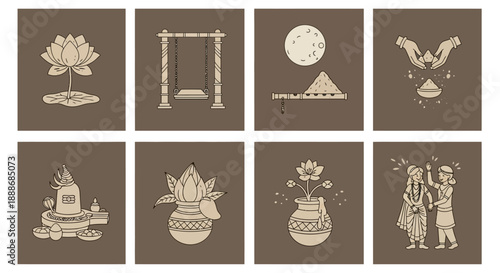 eight monochrome illustrations depicting various elements of Indian culture, Hindu festivals, and traditional rituals, including lotus, swing, moon, Shiva lingam, kalash, and festive figures.