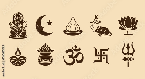 A collection of diverse religious and cultural symbols including Ganesha, Om, Swastika, Lotus, Diya, Kalash, Crescent moon and star, and Trishul.
