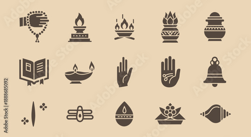 Collection of Hindu religious and spiritual icons, symbols, and ritual objects in a flat design style.