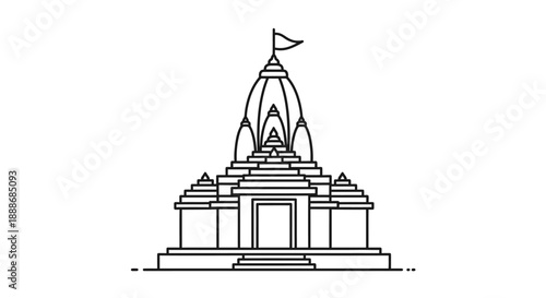 Line art illustration of a traditional Hindu temple with a prominent shikhara and tiered structure, depicted in black and white.