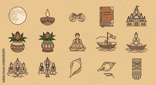 Collection of Hindu and Buddhist cultural and religious icons, including temples, deities, meditation, sacred objects, and traditional symbols.