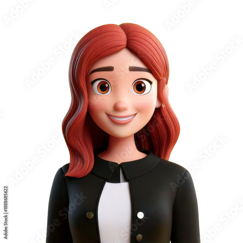 Smiling young woman with red hair and brown eyes wearing black jacket and white shirt