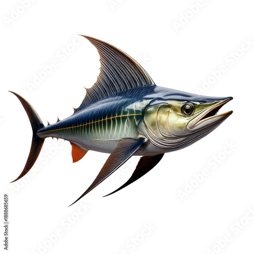 Sleek blue swordfish with sharp fins and streamlined body swimming in water