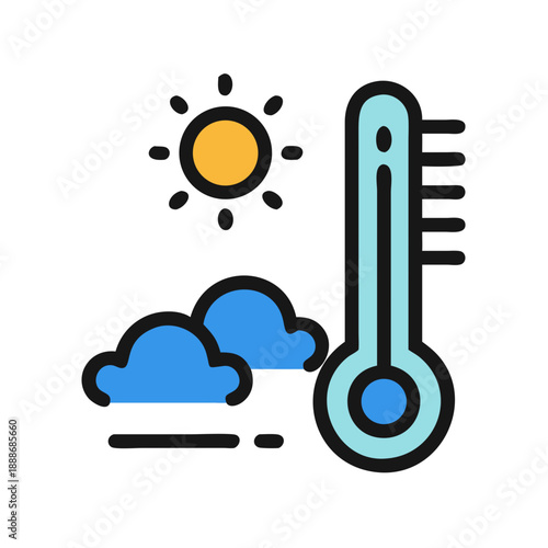 Weather icon depicting thermometer, sun, and clouds over black