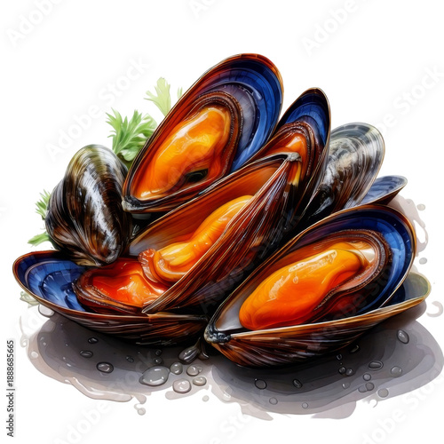 Mussel shell seafood with orange meat and green garnish on transparency background