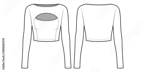 Women's Long-Sleeve Chest Cutout Top with Bustier Seaming-Front and Back View- Flat Vector Illustration- Boat Neck Long Sleeve Top CAD/ Vector Mock-up	