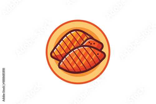 Two grilled salmon fillets on a plate with an orange and yellow circular background