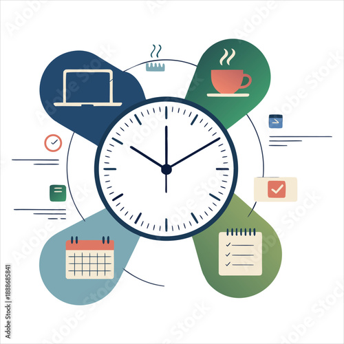 A colorful infographic of a clock surrounded by time management icons