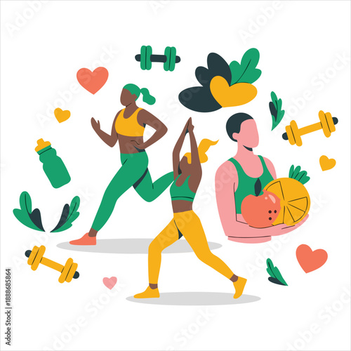 A vibrant illustration of women engaging in fitness and healthy eating habits