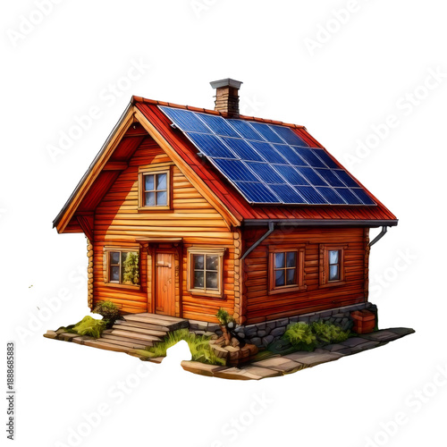 Wooden house solar panel roof chimney garden stairs window door natural light