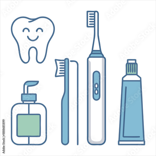 A set of dental hygiene products including toothbrushes and toothpaste