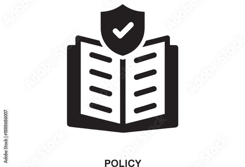 Black icon representing an open book with a shield and checkmark symbolizing policy, legal document, or regulation compliance.