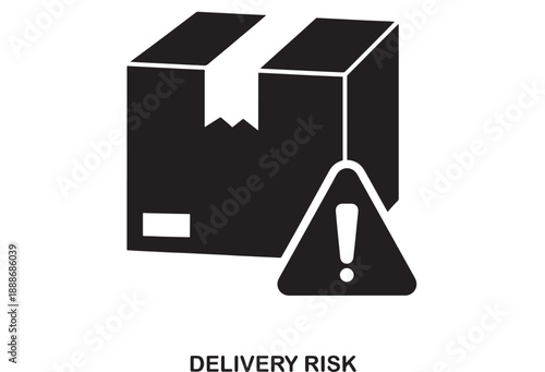 Black simple outline icon of a delivery package with an exclamation mark inside a warning triangle indicating risk or danger