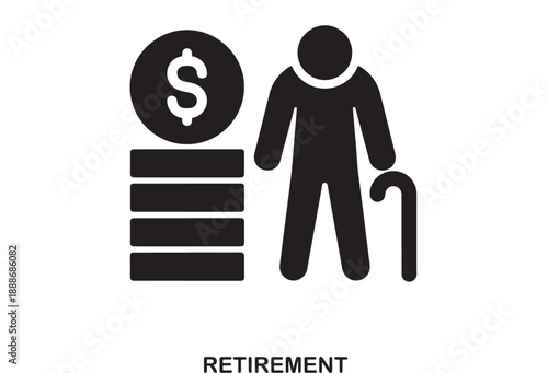 Elderly person icon with cane and stack of coins symbolizing retirement savings, financial planning, and golden years in flat design style.