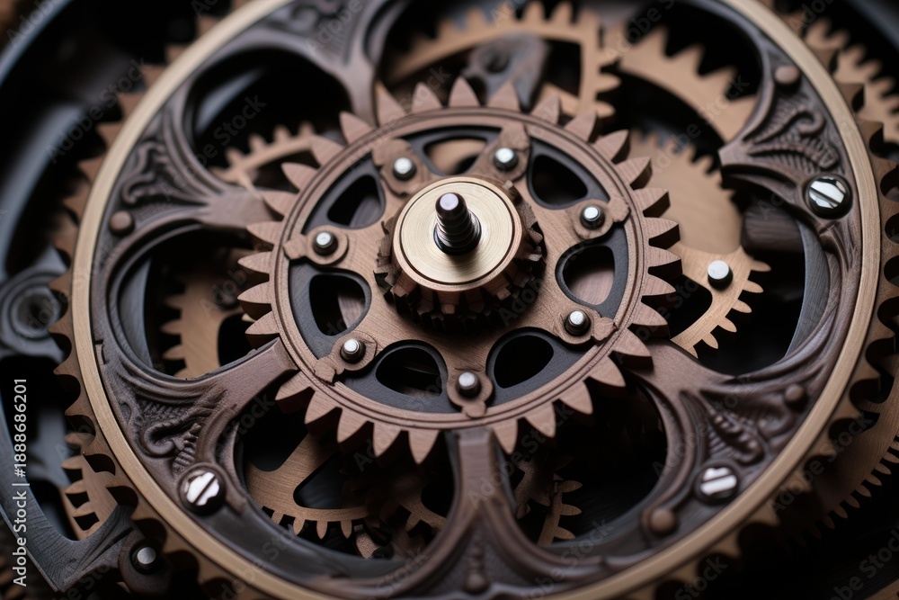 Fototapeta premium Intricate clockwork mechanism with moving gears and cogs, showcasing the beauty of engineering and precision