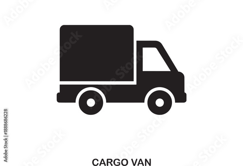 Simple black and white flat icon of a cargo van or delivery truck with wheels and a boxy trailer, representing logistics and transport services.