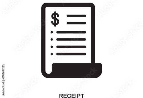 Simple black outline icon of a receipt with a dollar sign and horizontal lines, representing finances, billing, or purchase history.