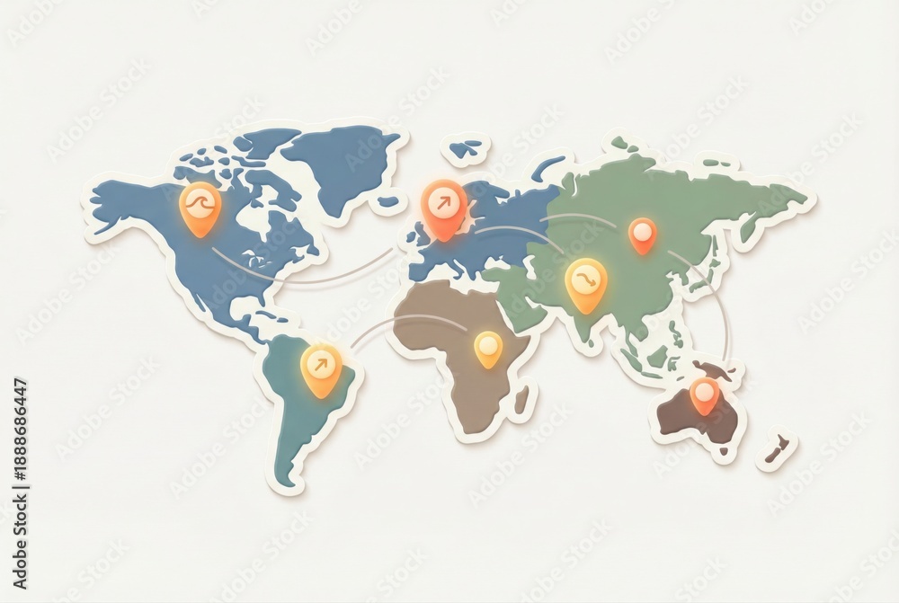 Obraz premium Global connectivity map illustrating intercontinental relationships through location markers and dynamic paths, visualizing international trade and collaboration concepts with innovative design