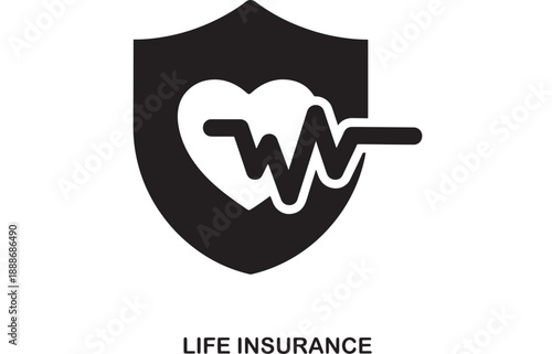 Black shield icon with a white heart and heartbeat line, representing life insurance, health protection, and medical security.