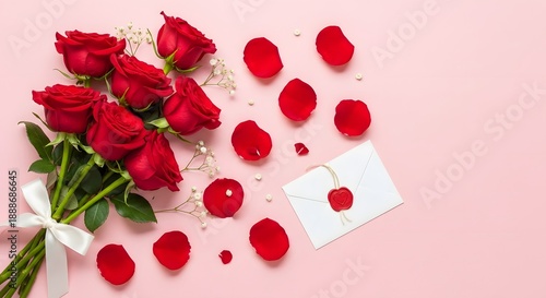 A beautiful bouquet of red roses with scattered petals and a white envelope with a red wax seal on a pink background, perfect for romantic occasions