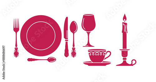 Vintage-inspired tableware glyph symbol. Antique dining ware for special occasions. Distinctive dining accessories. Elegant table items. Vector illustration isolated.