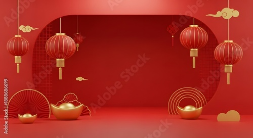 Festive Chinese New Year red background with lanterns and gold ingots symbolizing prosperity and good fortune