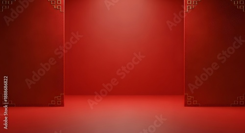 Festive red illuminated stage background with luxurious ornate traditional accents, ideal for holiday promotions, cultural events, or product showcases