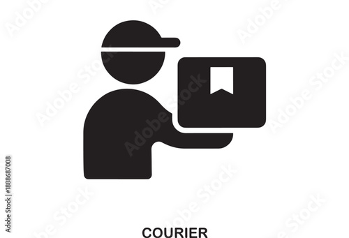Black filled icon of a courier wearing a cap, holding a package with a ribbon tag, representing delivery services and logistics.