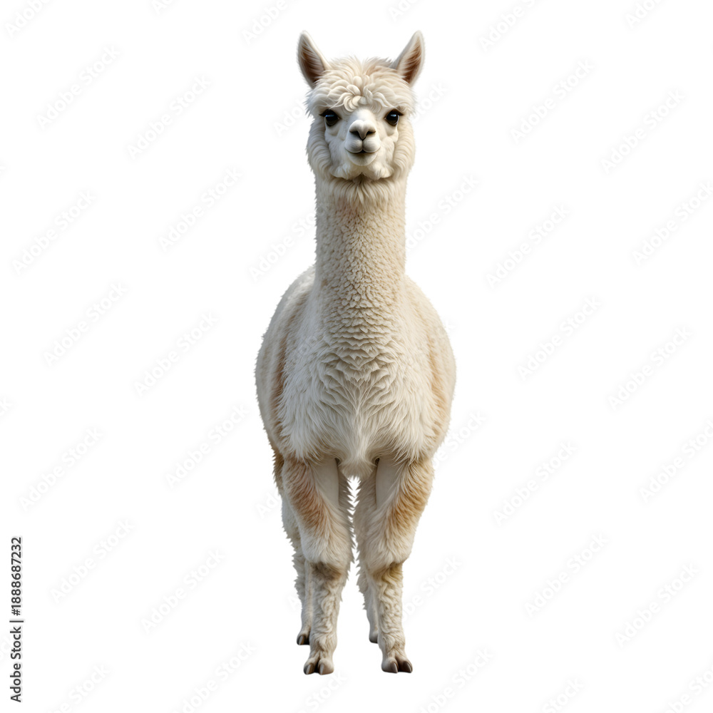 Obraz premium White alpaca standing portrait with fluffy fur isolated on transparent background