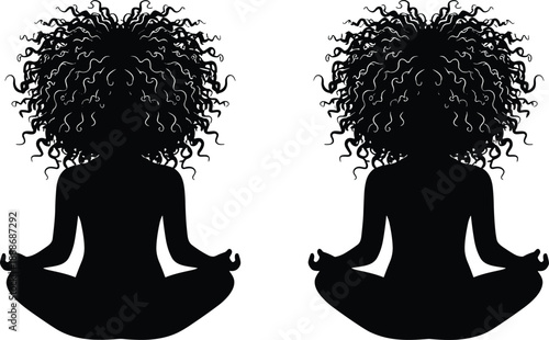 Meditating women silhouette vector illustration yoga lotus pose curly hair mindfulness wellness calm balance black white minimal design isolated background