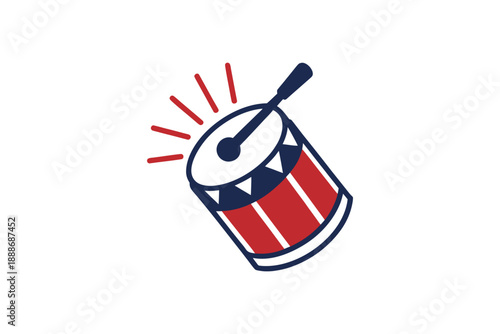 Red and blue toy drum with drumstick and radiating sound lines on white background