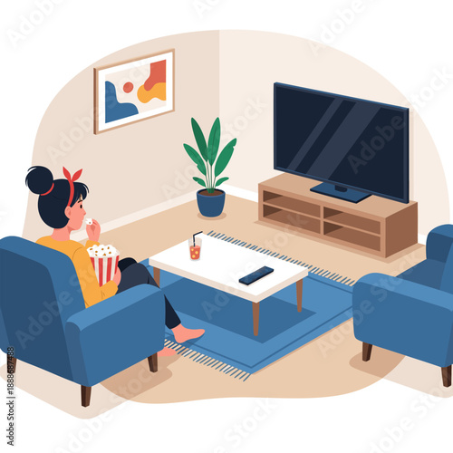 Vector illustration of a woman relaxing at home, enjoying an evening of TV entertainment with popcorn, embodying a cozy and comfortable lifestyle