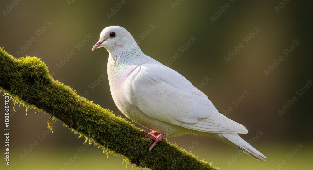 Fototapeta premium A white dove perched on a moss-covered branch, set against a blurred natural backdrop.